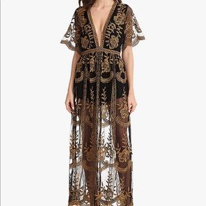 Sodress Deep V Neck Short Sleeve Floral Lace Long Dress Sexy Casual Print Maxi